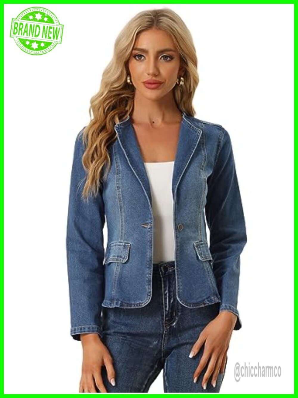 Collarless Denim Blazer Fitted One Button Jean Jacket Cropped Stretch